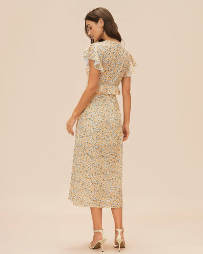 Vestido Midi Amarillo con Volantes y Cuello en V
