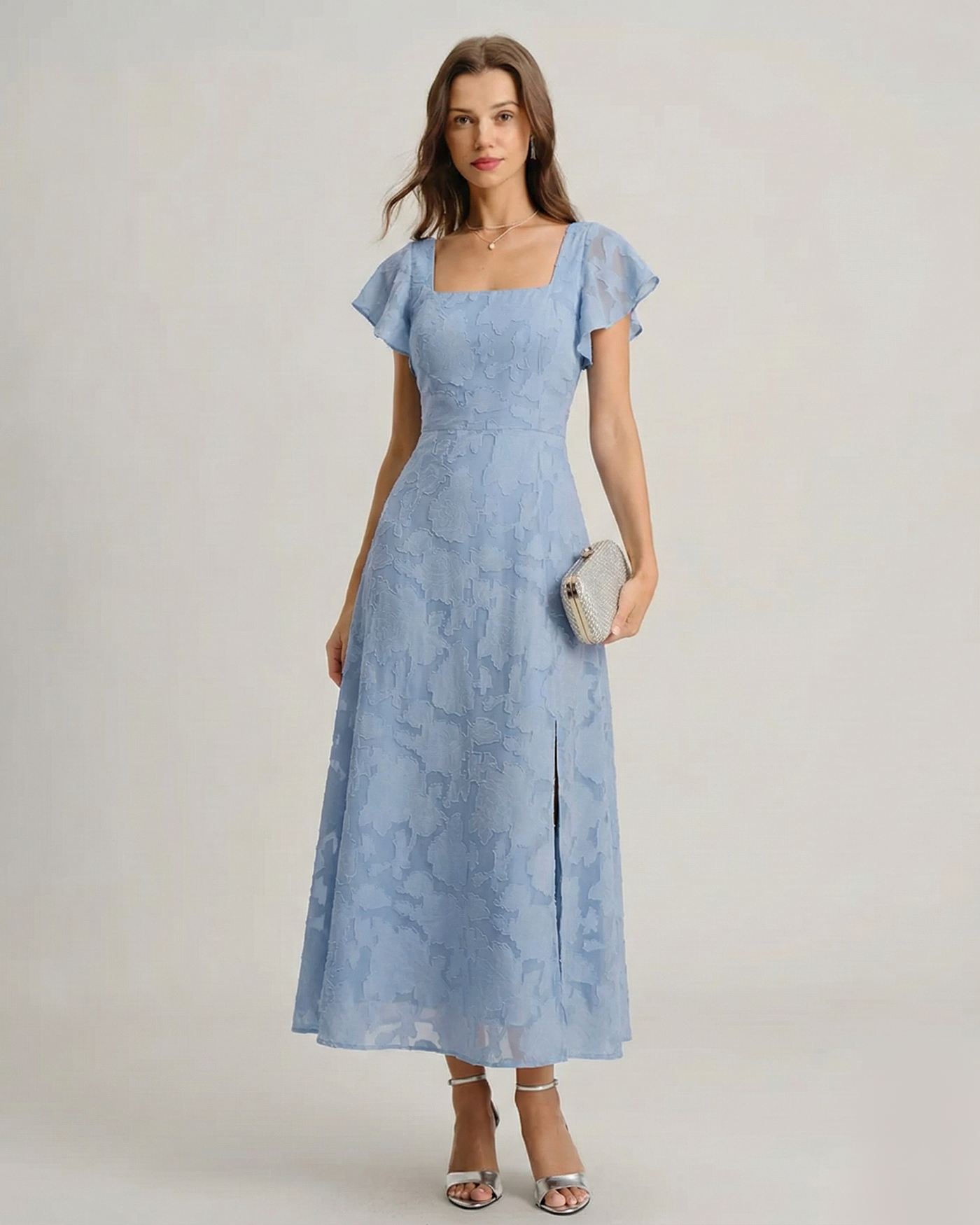 Vestido Midi de Cuello Cuadrado Floral Azul