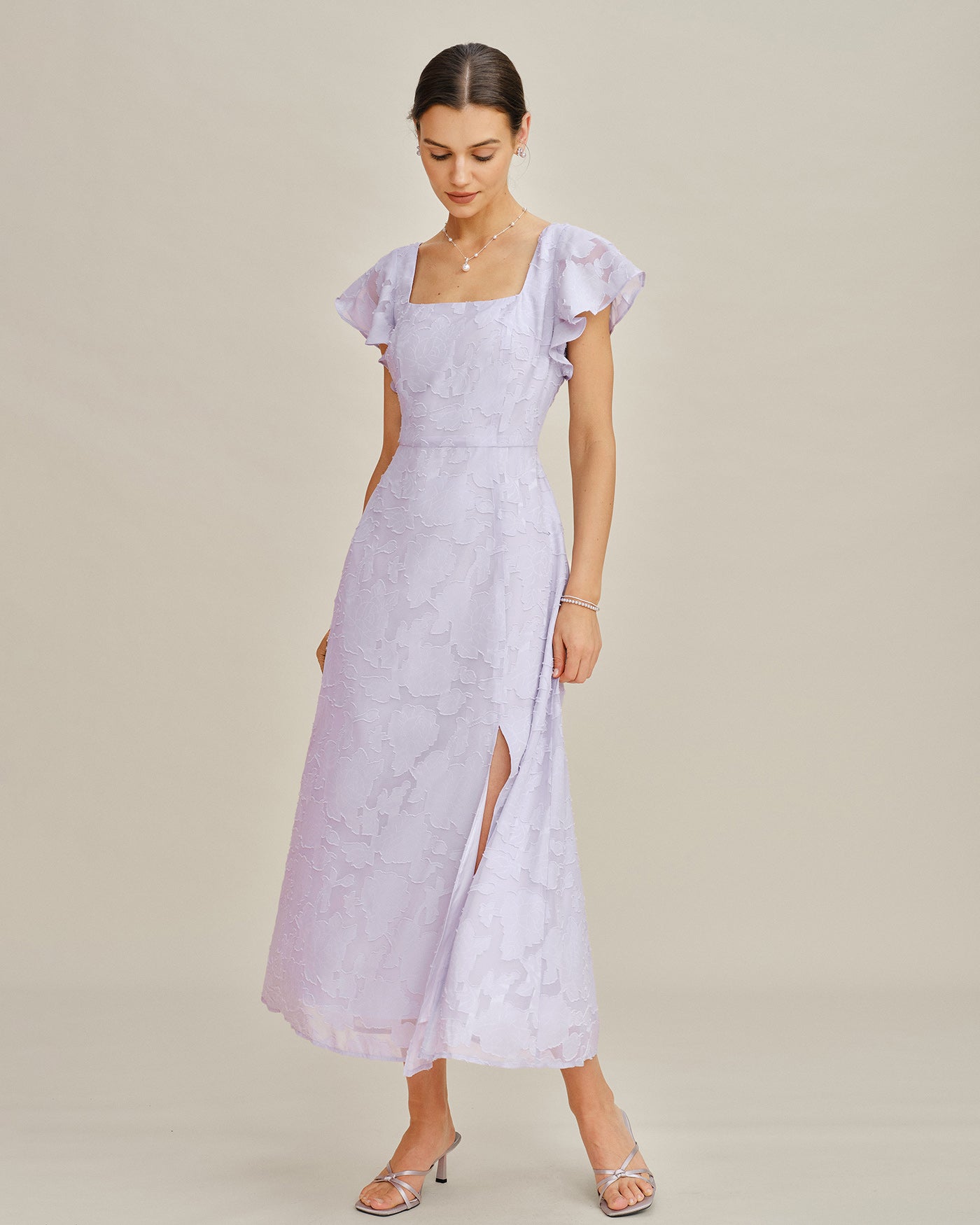 Vestido Midi Jacquard de Cuello Cuadrado Púrpura