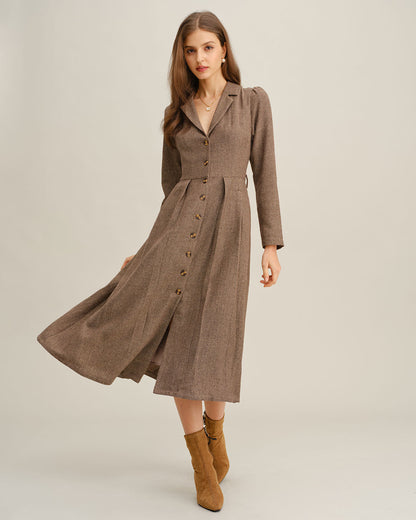 Vestido Midi Plisado A-Line Marrón