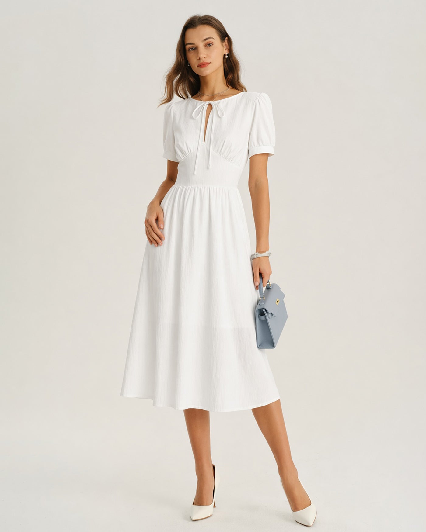 Vestido Midi A-Line con Mangas Abullonadas Blancas