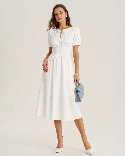 Vestido Midi A-Line con Mangas Abullonadas Blancas