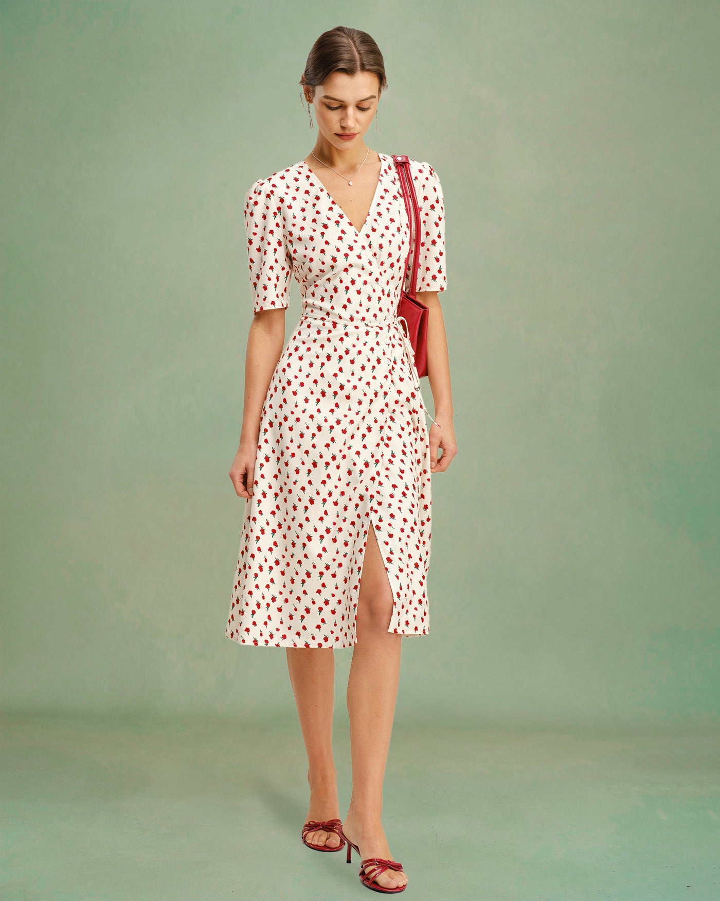 Vestido Midi Floral de Melocotón con Escote en V