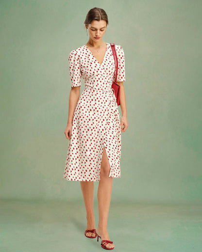 Vestido Midi Floral de Melocotón con Escote en V