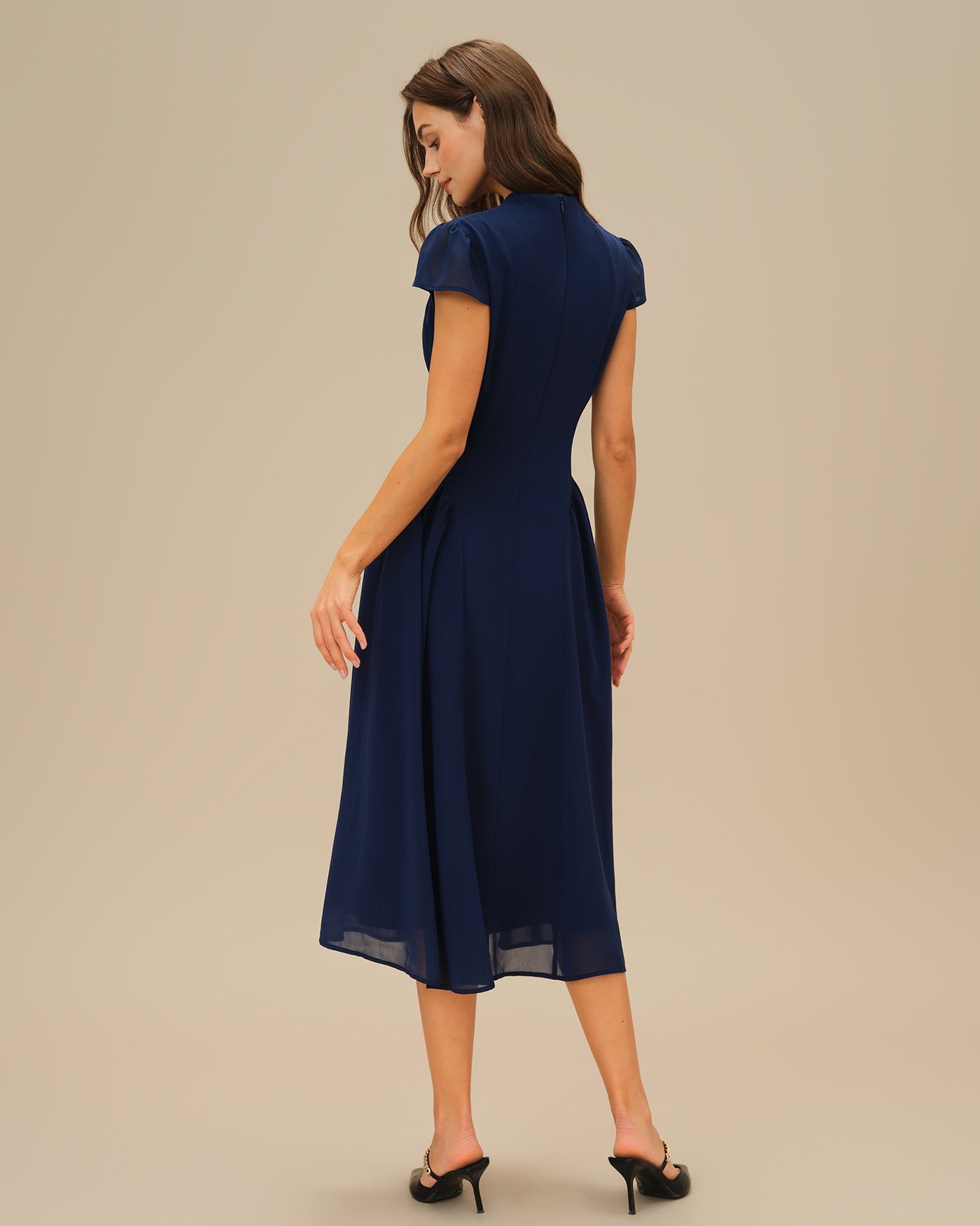 Vestido Midi de Manga Abullonada Azul
