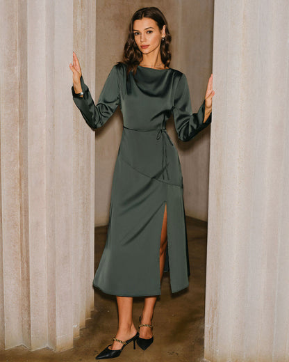 Vestido Midi de Satén Verde con Cuello de Cowl y Abertura