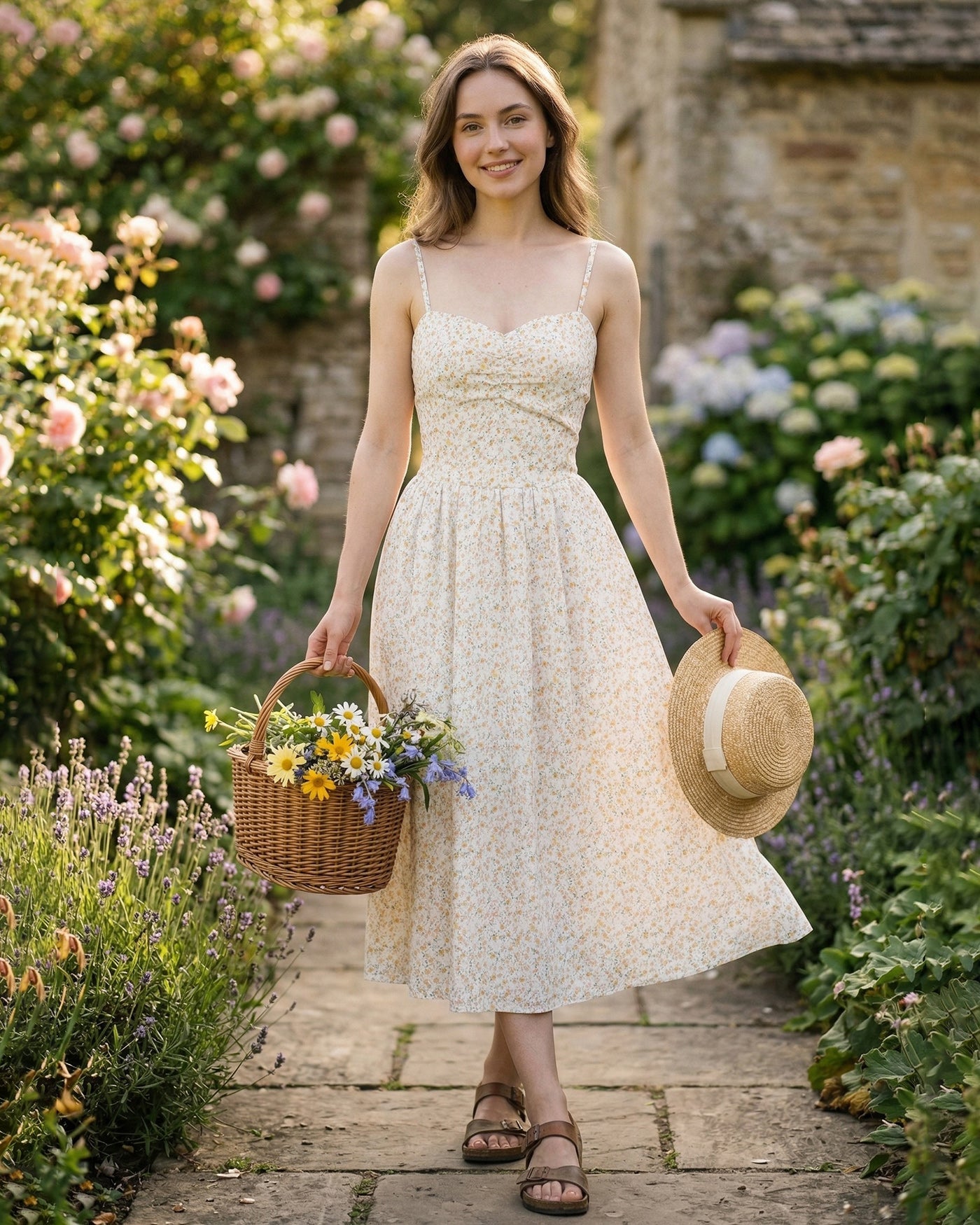 Vestido Midi Floral Sin Mangas con Escote Corazón Amarillo