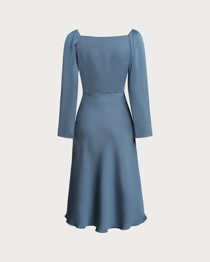 Vestido Midi A-Line con Cuello Cowl Azul