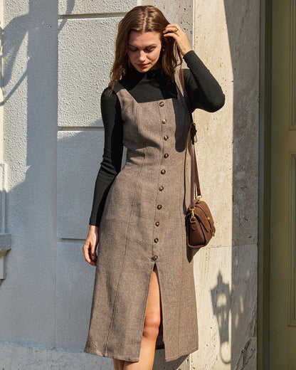 Vestido Midi Sin Mangas Marrón con A-Line y Corte