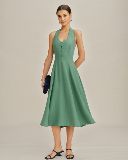 Vestido Midi Verde con Botones y Bolsillos