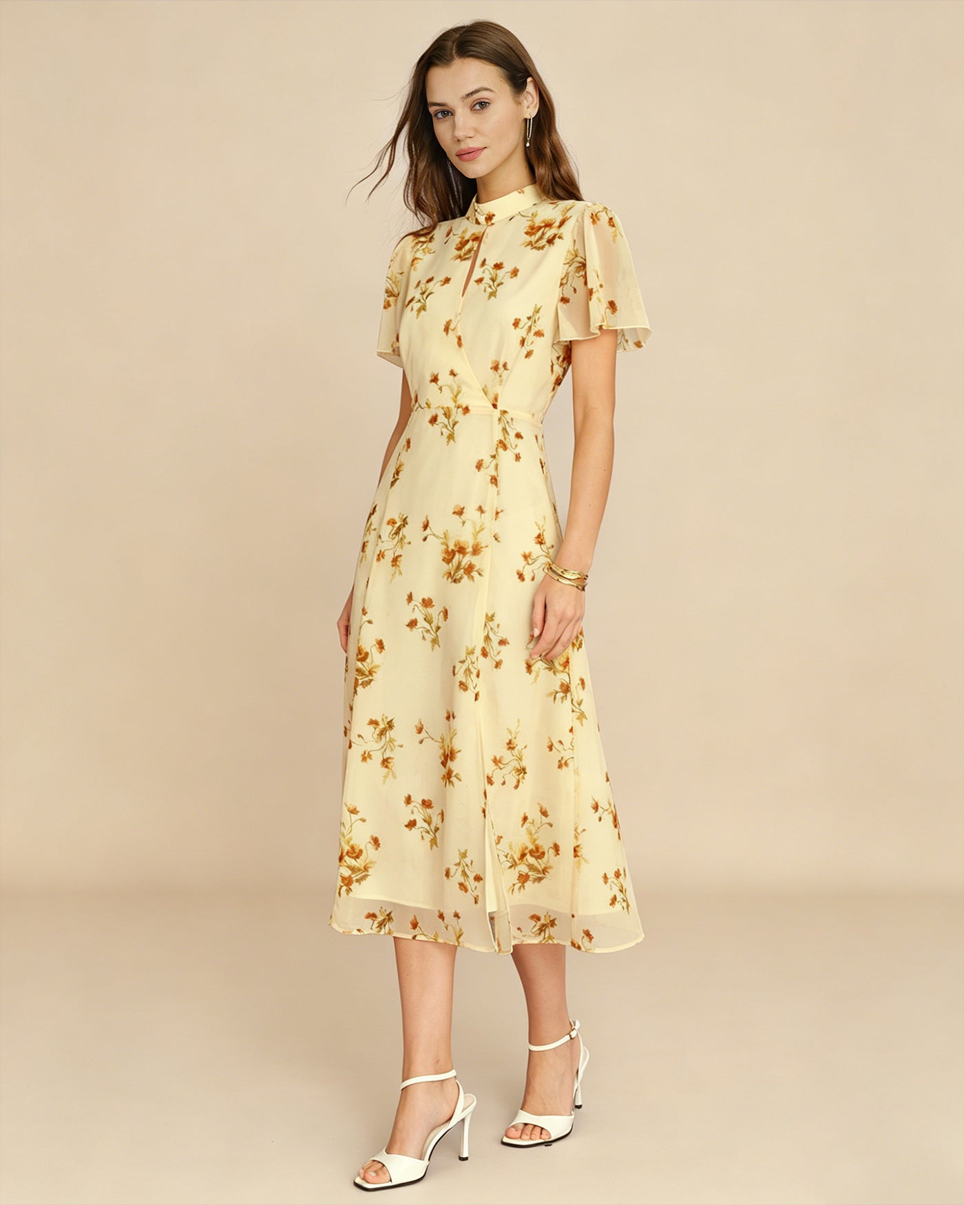 Vestido Midi Floral con Manga Mariposa Amarillo