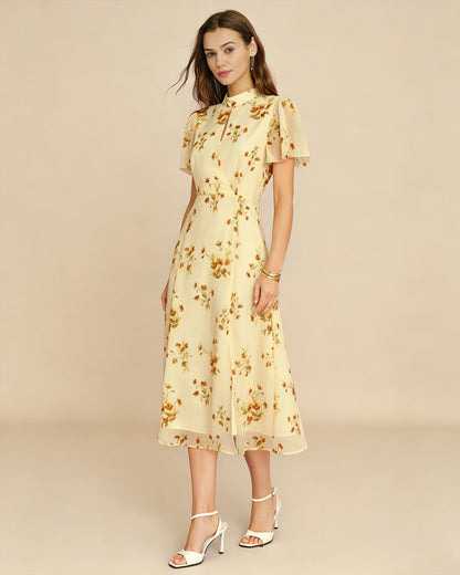 Vestido Midi Floral con Manga Mariposa Amarillo