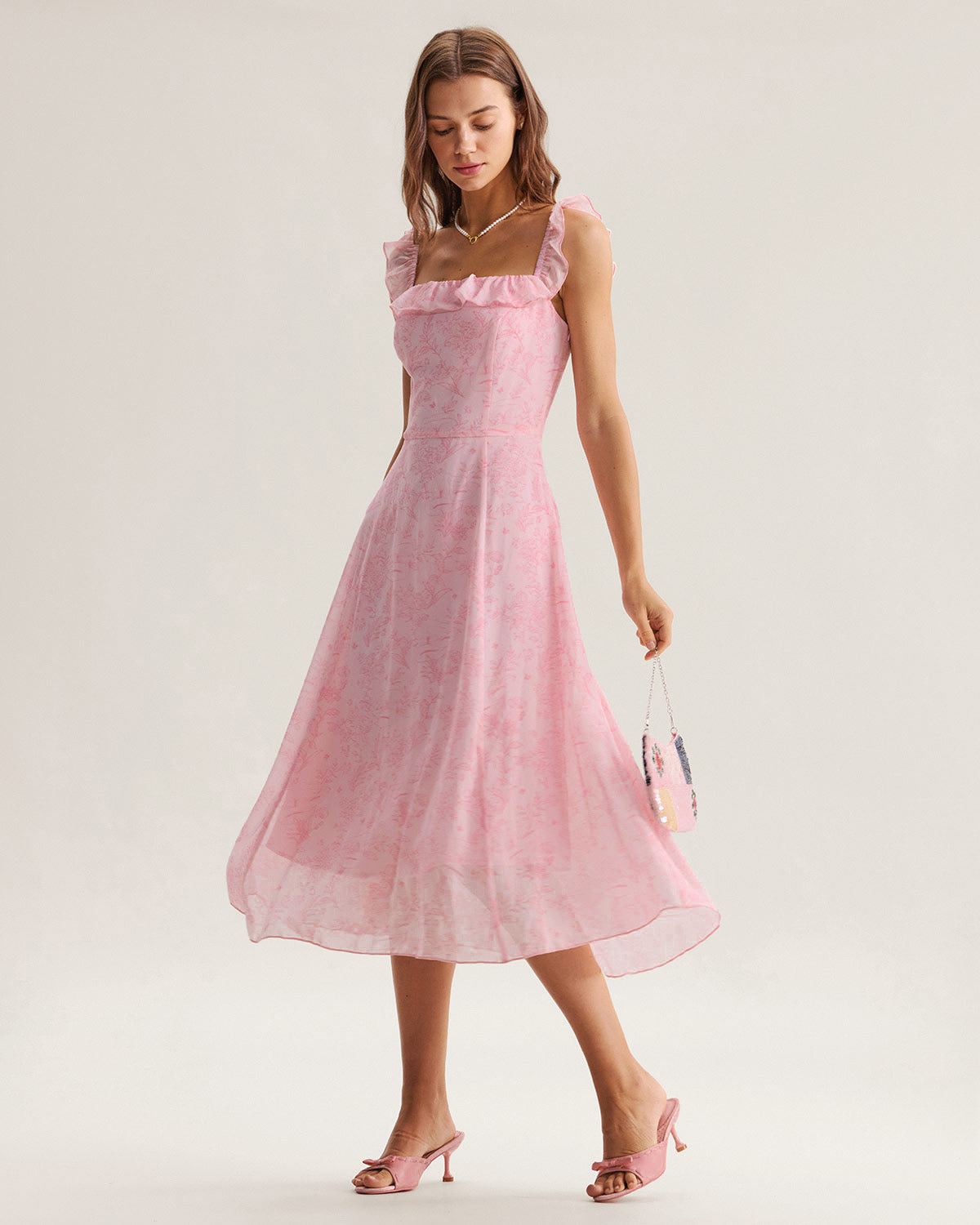 Vestido Midi con Volantes de Cuello Cuadrado Rosa