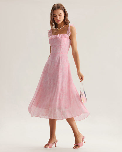 Vestido Midi con Volantes de Cuello Cuadrado Rosa