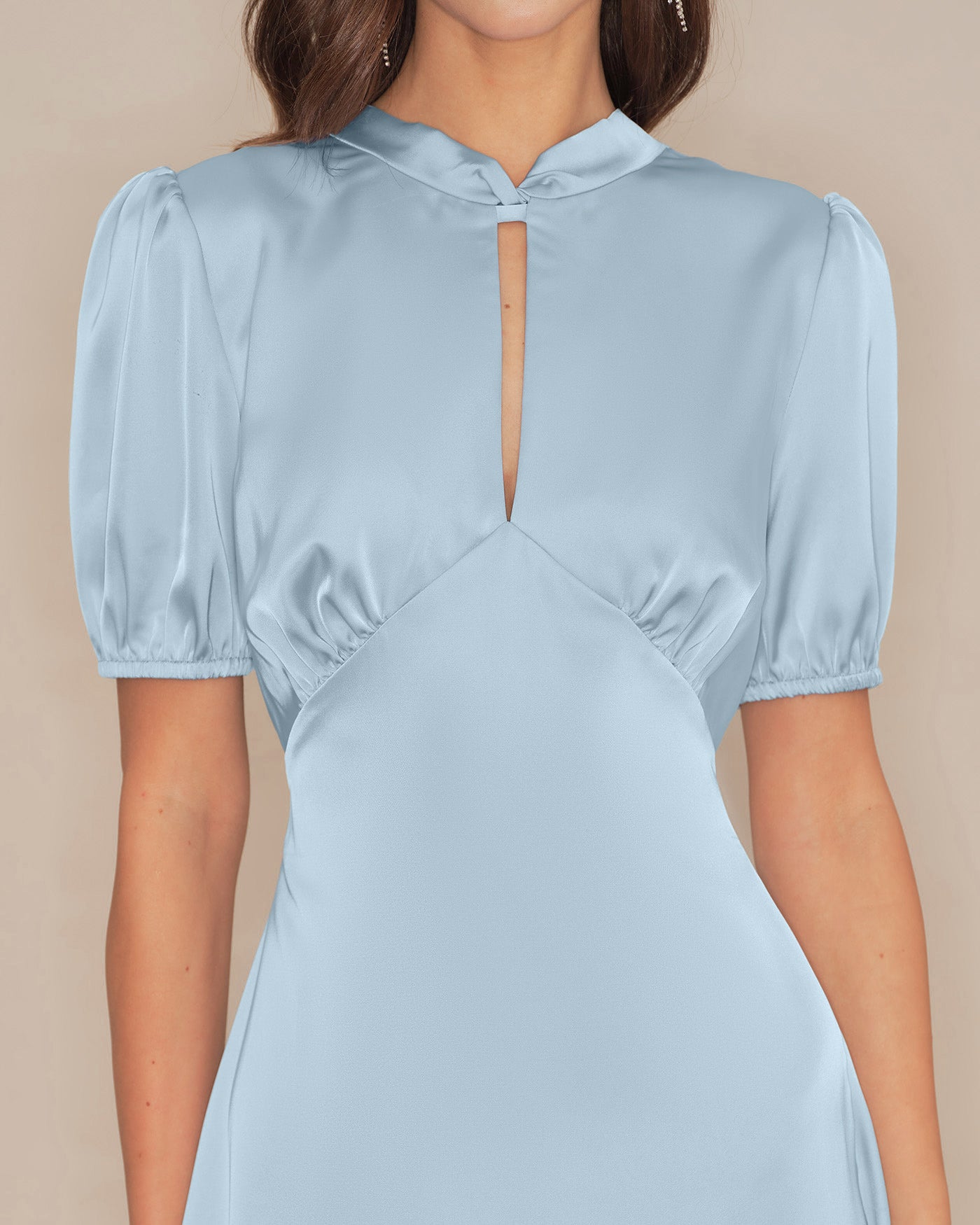 Vestido Midi de Satén sin Espalda con Mangas Abullonadas Azules