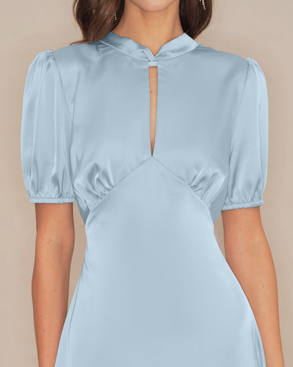 Vestido Midi de Satén sin Espalda con Mangas Abullonadas Azules