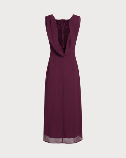 Vestido Midi Sin Espalda con Cuello Barco Color Rojo Vino