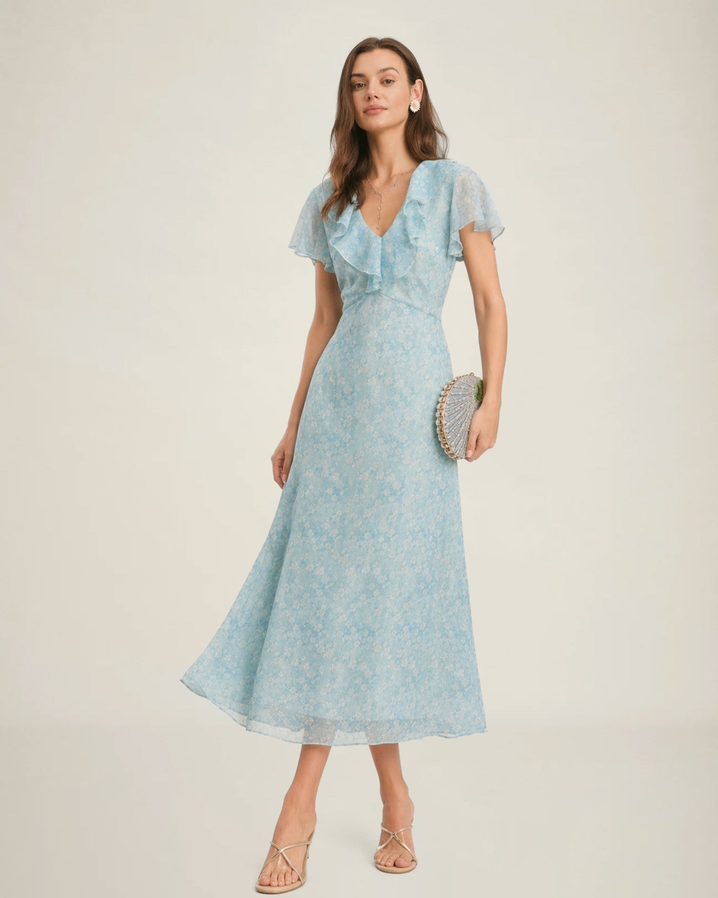 Vestido Midi Floral con Volantes y Escote en V Azul