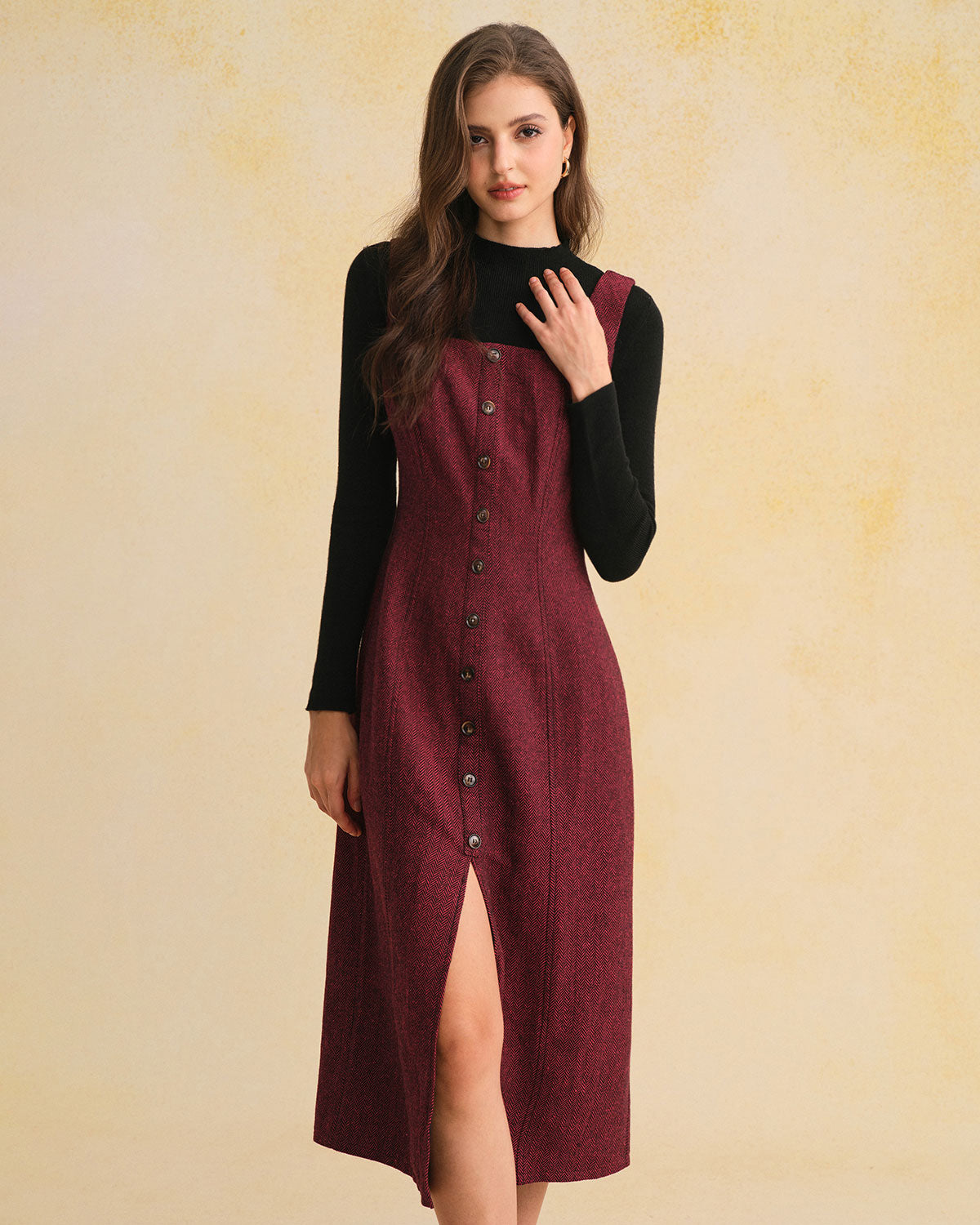 Vestido Midi Rojo Sin Mangas con Abertura y Botones