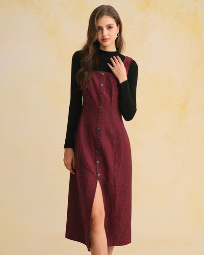 Vestido Midi Rojo Sin Mangas con Abertura y Botones