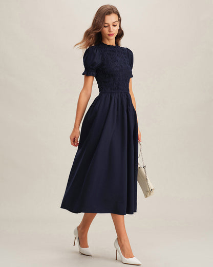 Vestido Midi A-Line Fruncido Azul