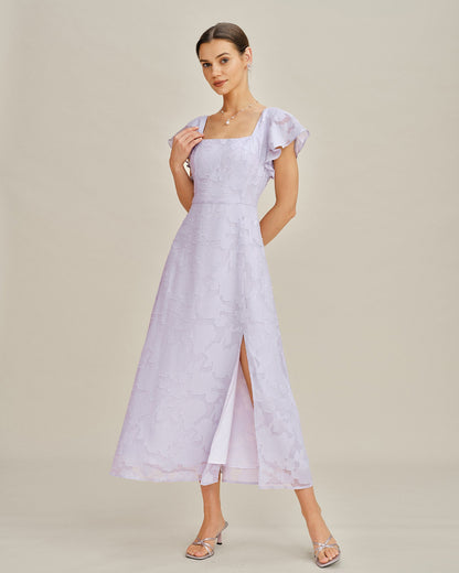 Vestido Midi Jacquard de Cuello Cuadrado Púrpura