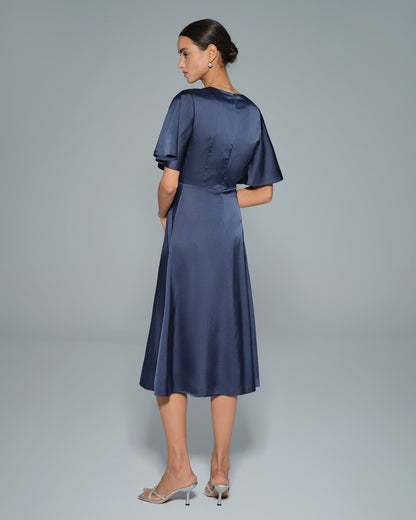 Vestido Midi de Satén con Escote en V Marino