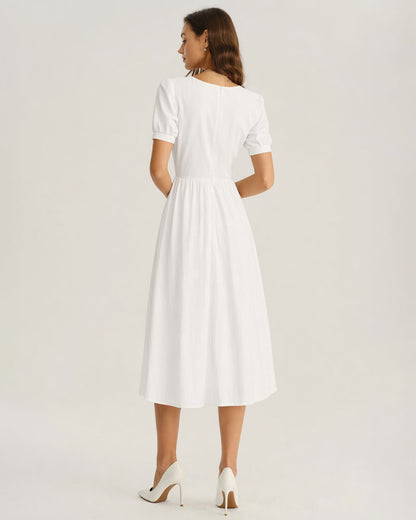 Vestido Midi A-Line con Mangas Abullonadas Blancas