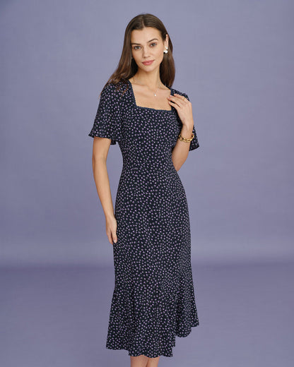 Vestido Midi con Mangas de Mariposa Floral Morado