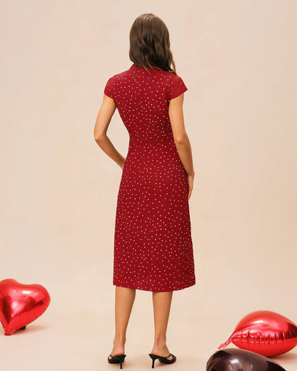 Vestido Midi de Lunares con Cuello Mao Rojo