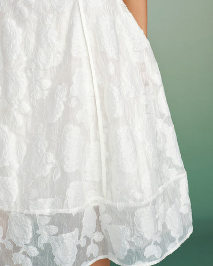 Vestido Midi Slip Jacquard de Cuello Cuadrado Blanco