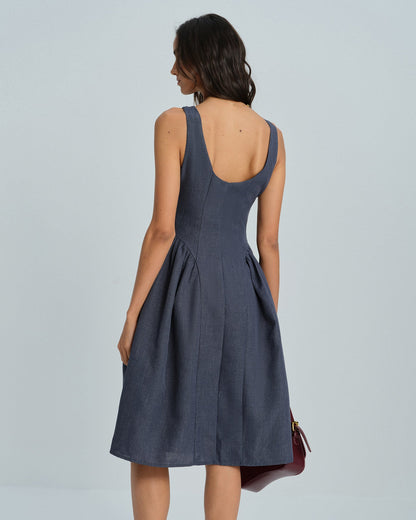 Vestido Midi Sin Mangas de Cuello Barco Gris