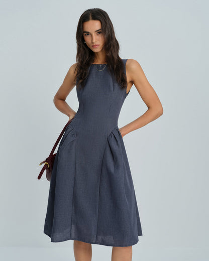 Vestido Midi Sin Mangas de Cuello Barco Gris