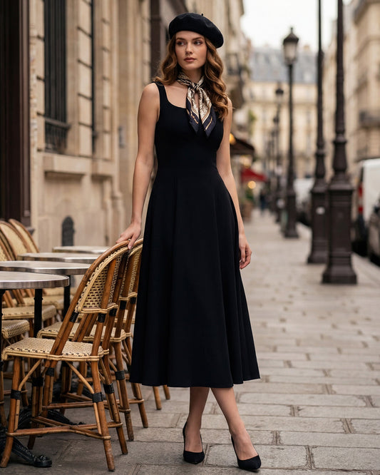 Vestido Midi Deslizante Negro Sólido con Cremallera