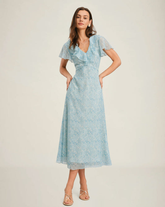 Vestido Midi Floral con Volantes y Escote en V Azul