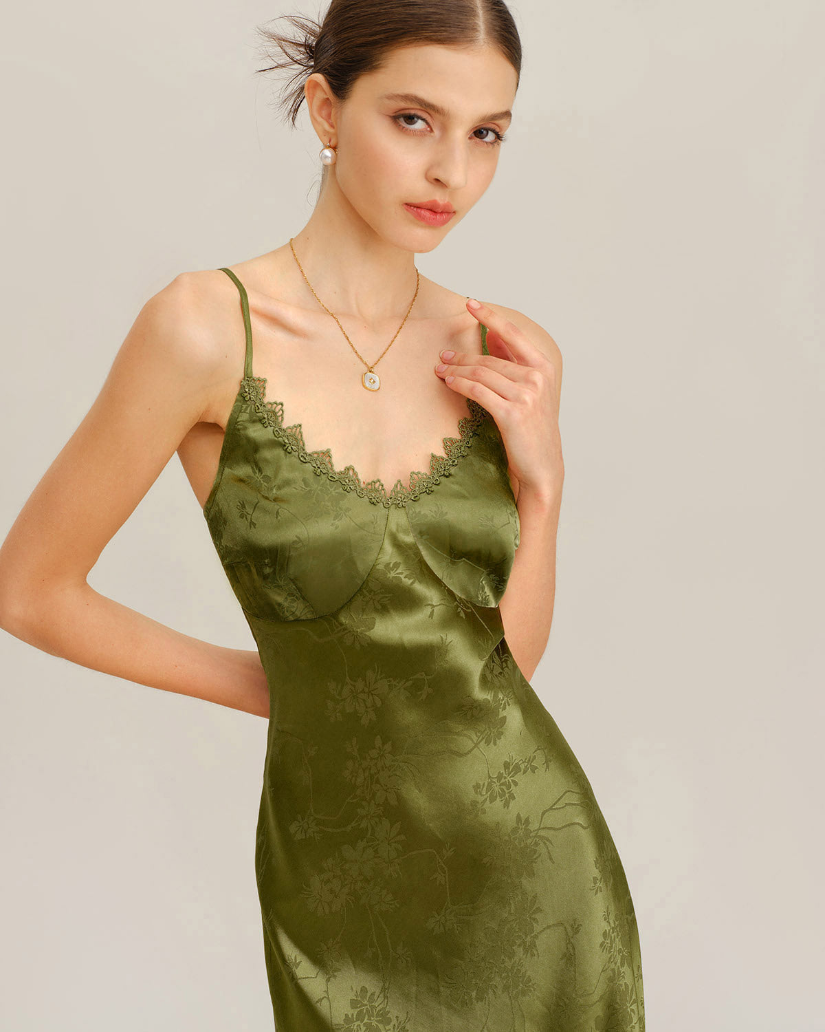 Vestido Maxi Slip de Corsé Jacquard Verde
