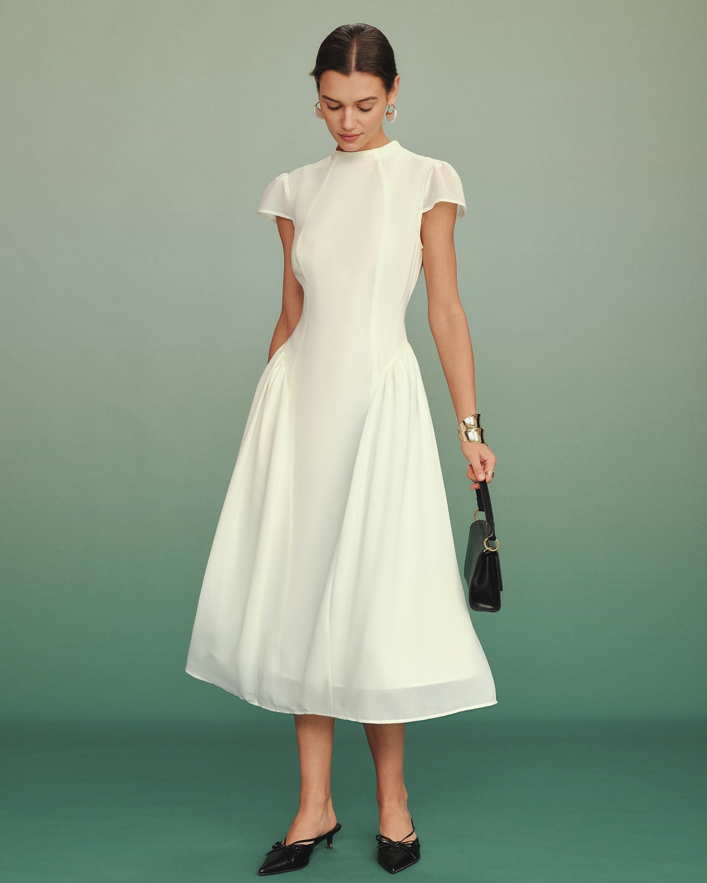 Vestido Midi A-Line de Cuello Alto de Albaricoque
