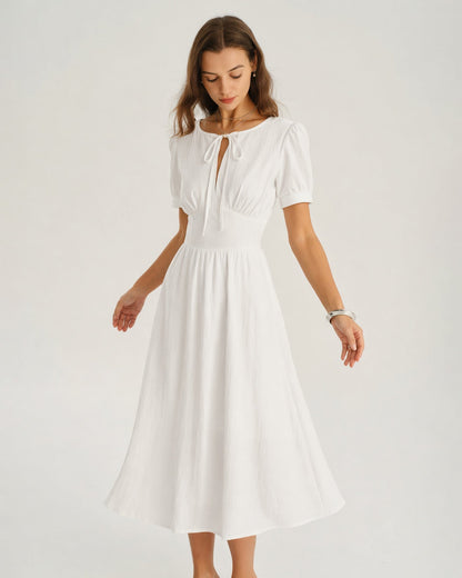 Vestido Midi A-Line con Mangas Abullonadas Blancas