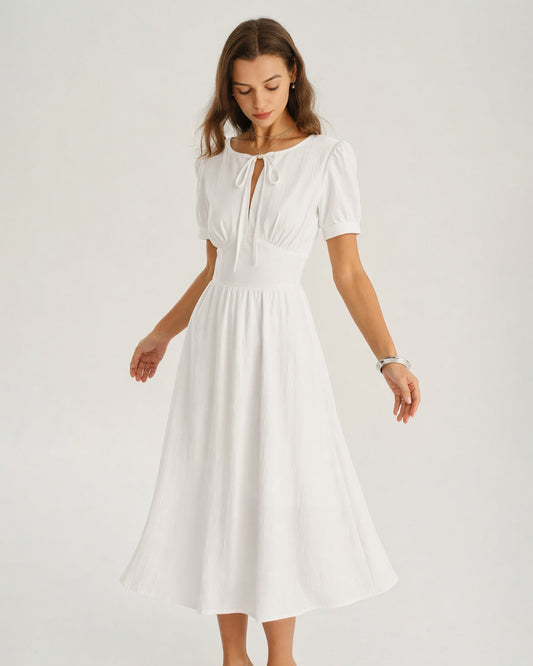 Vestido Midi A-Line con Mangas Abullonadas Blancas