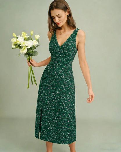 Vestido Midi Floral Verde con Escote en V