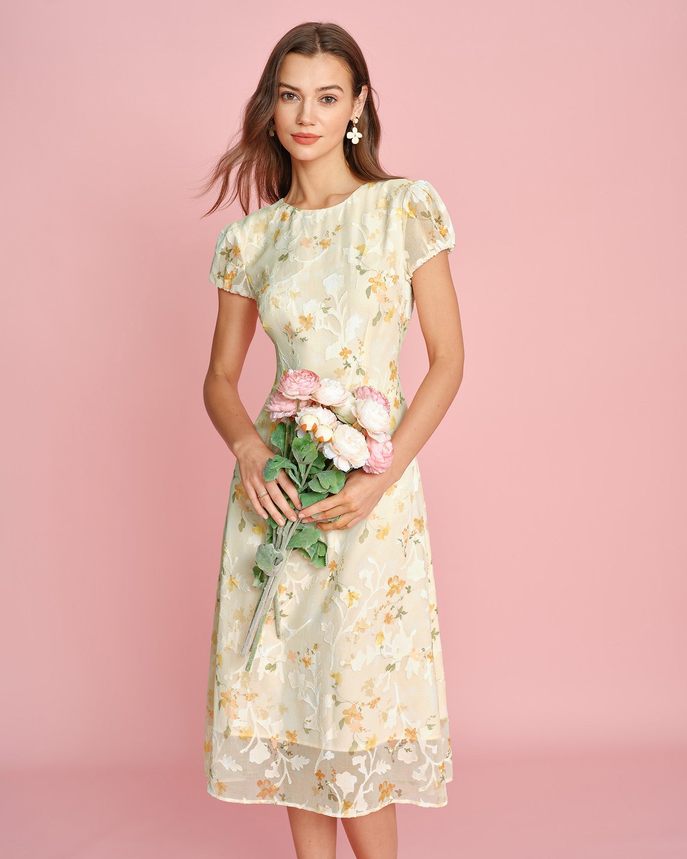 Vestido Midi Jacquard con Mangas Abullonadas Amarillo
