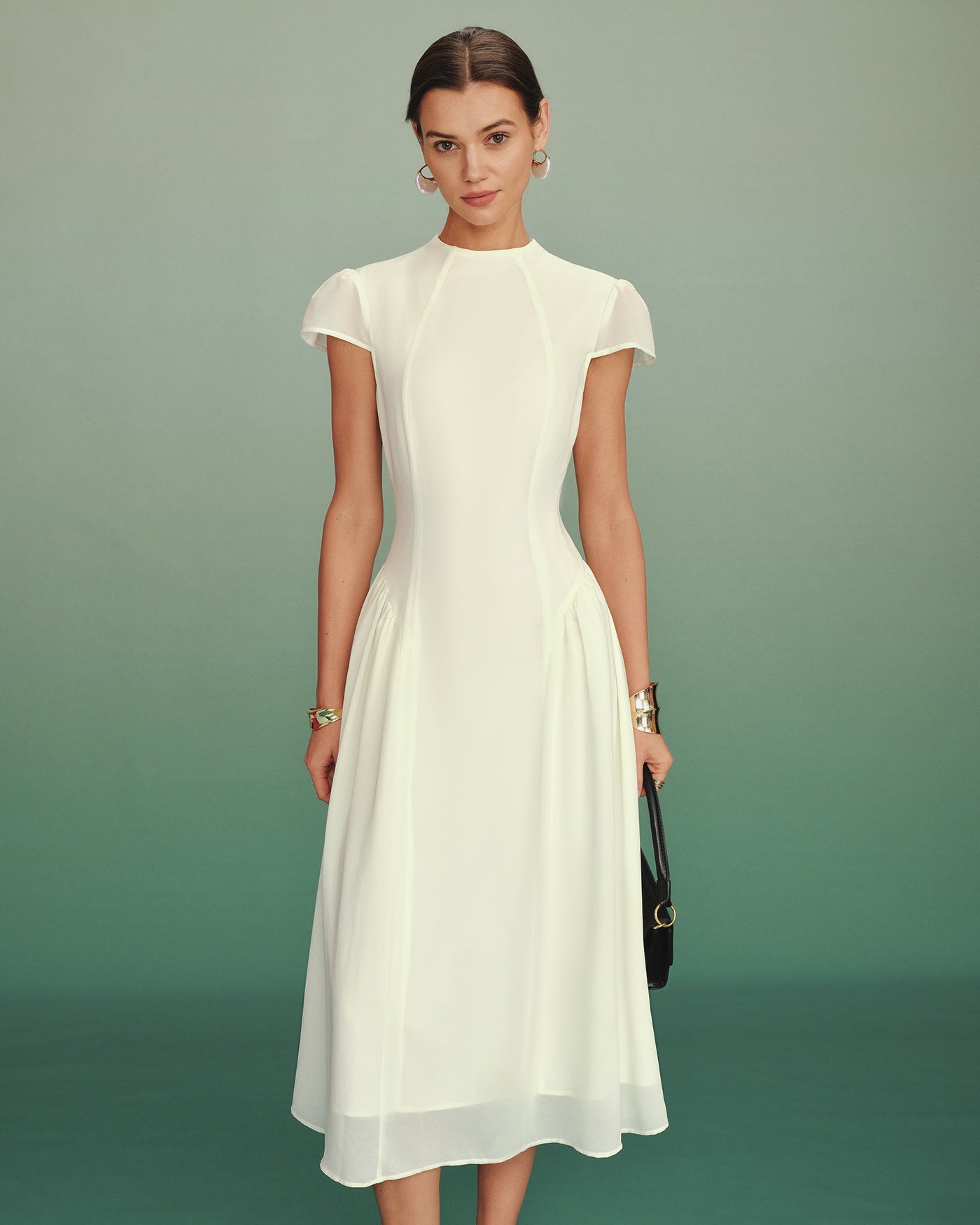 Vestido Midi A-Line de Cuello Alto de Albaricoque