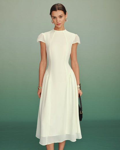 Vestido Midi A-Line de Cuello Alto de Albaricoque