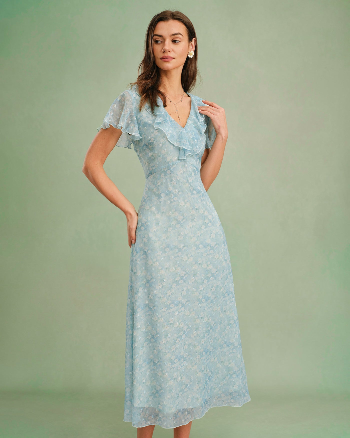 Vestido Midi Floral con Volantes y Escote en V Azul