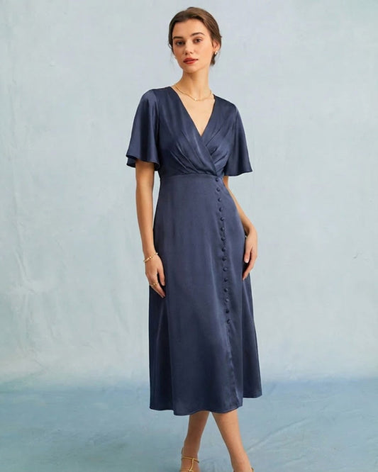 Vestido Midi de Satén con Escote en V Marino