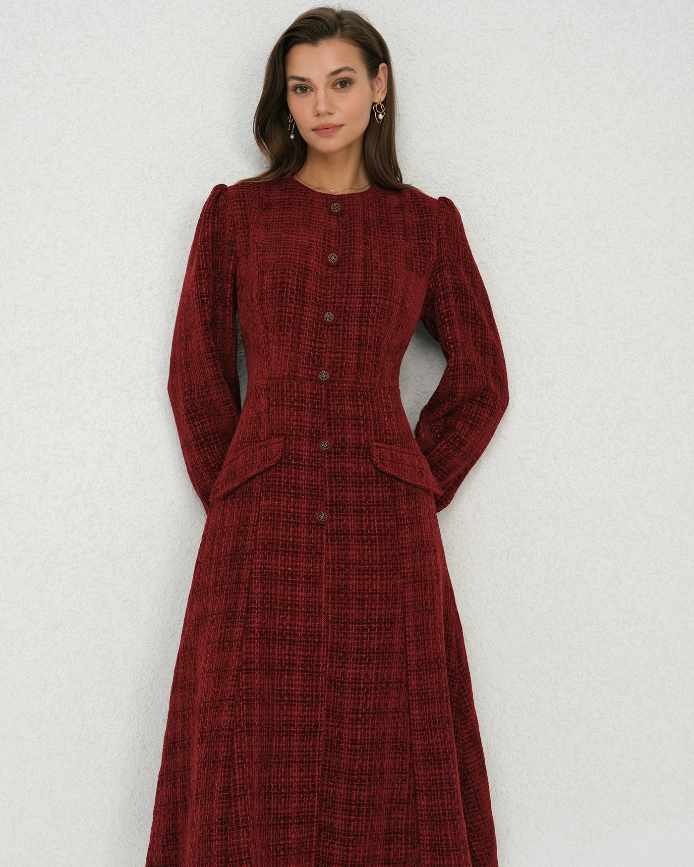 Vestido Midi A-Line con Mangas de Farol Rojo