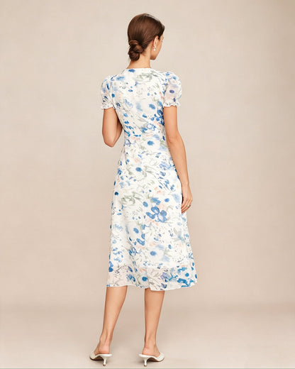 Vestido Midi Shirred con Cuello en V Floral Azul