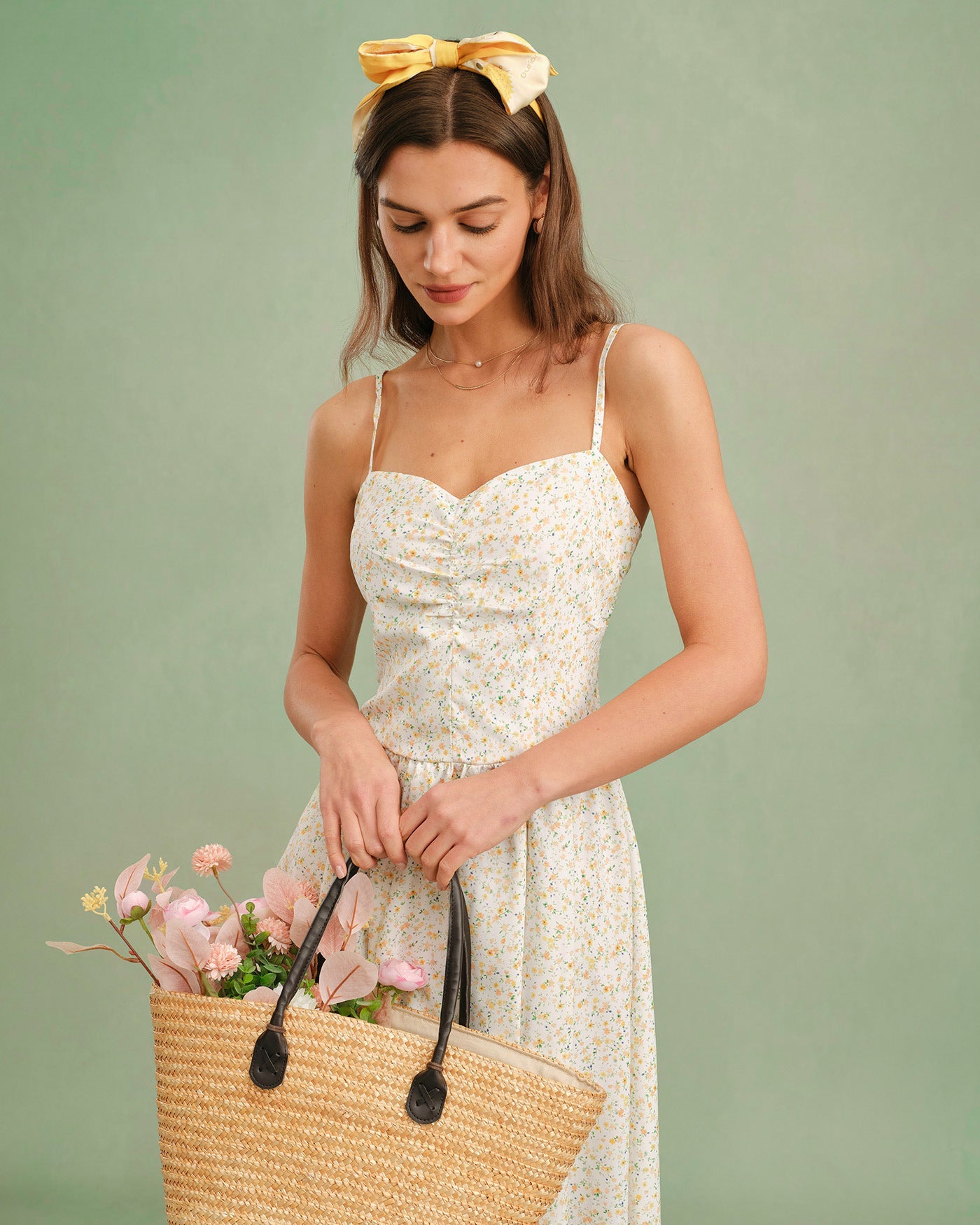 Vestido Midi Floral Sin Mangas con Escote Corazón Amarillo