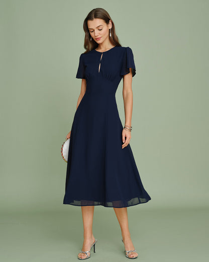 Vestido Midi de Chifón Cortado en Color Marino
