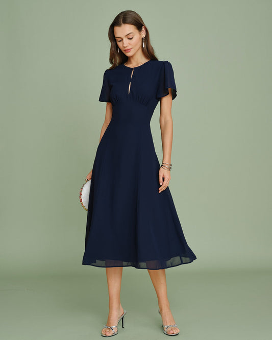 Vestido Midi de Chifón Cortado en Color Marino